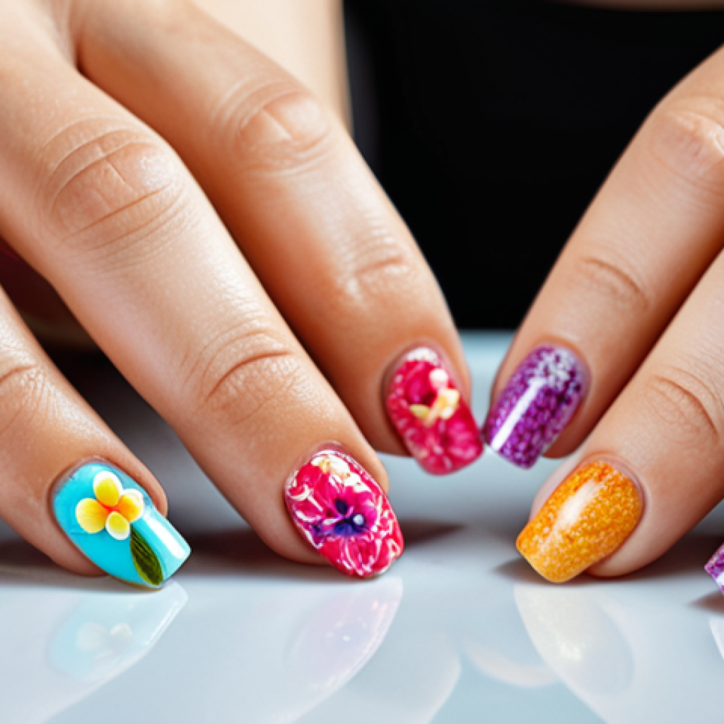 ** Close-up of a woman's hands displaying a vibrant and trendy nail art design, perhaps with pressed flowers or a modern acrylic technique.  Focus on bright colors, crisp details, and a professional finish.  Include a blurred background suggesting a YouTube studio or a nail salon setting.  The style should be eye-catching and "clickbait"-worthy, but ethically so (no misleading elements).

**