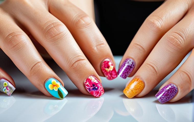 ** Close-up of a woman's hands displaying a vibrant and trendy nail art design, perhaps with pressed flowers or a modern acrylic technique. Focus on bright colors, crisp details, and a professional finish. Include a blurred background suggesting a YouTube studio or a nail salon setting. The style should be eye-catching and "clickbait"-worthy, but ethically so (no misleading elements).
**